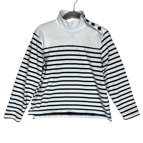 J. CREW Sweatshirt Women's Small White Black Striped Turtleneck Shoulder Button - Picture 1 of 14